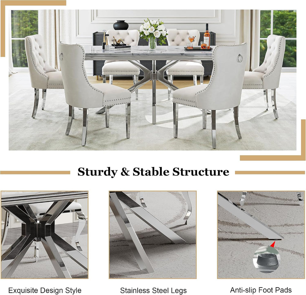 7 Piece Kitchen & Dining Room Set, Luxurious 70" White Large Marble ...