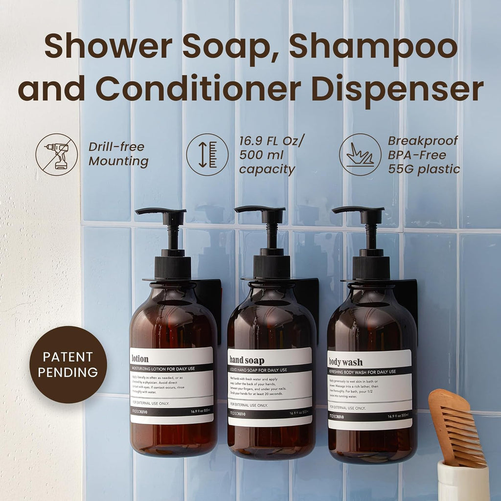 MaisoNovo Shampoo and Conditioner Dispenser - Shower Soap Dispenser Wall Mounted - 16.9 fl oz Set of 3 Amber Plastic Bottles Black Pump - 3 Chamber No Drill