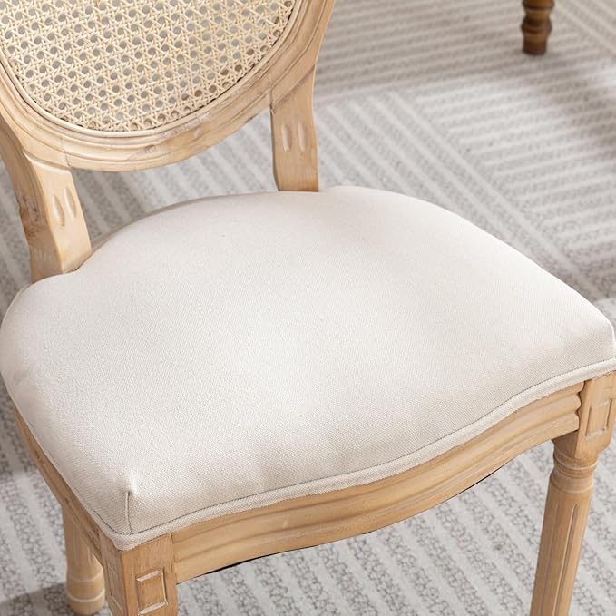 French Country Dining Chairs Set of 2,Farmhouse Upholstered Dining Room Chairs with Round Back and Solid Leg,Rattan Kitchen Chairs for Kitchen/Bedroom/Dining Room,Beige