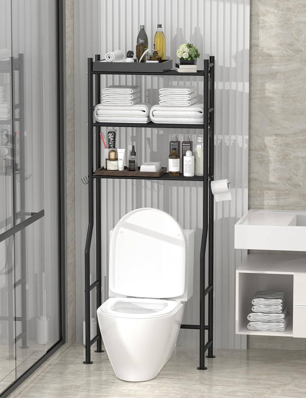 3-Tier Over The Toilet Storage, Freestanding Metal Bathroom Shelves with 4 Hooks, Over Toilet Storage Shelf with Paper Holder, Above The Toilet Shelf for Bathroom Storage, Black