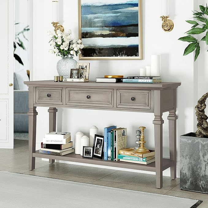 Merax Classic Long Narrow Console Table for Entryway Hallway Sideboard with Storage Drawers and Bottom Shelf Gray Wash