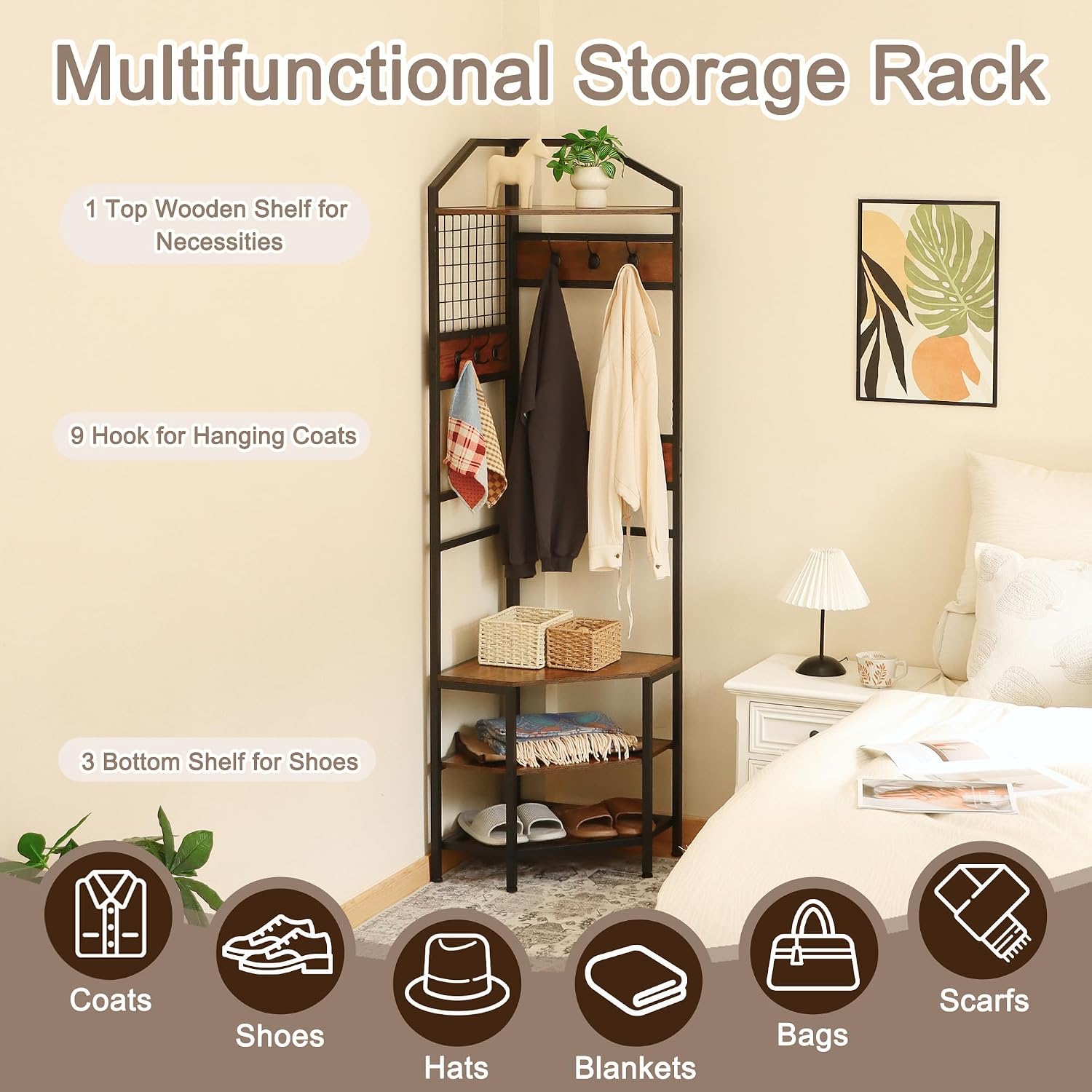Heavy Duty Corner Hall Tree Organizer, 3-in-1 Industrial Freestanding Coat Storage Rack with Hooks and 4 Wooden Shelves for Entryway, Black