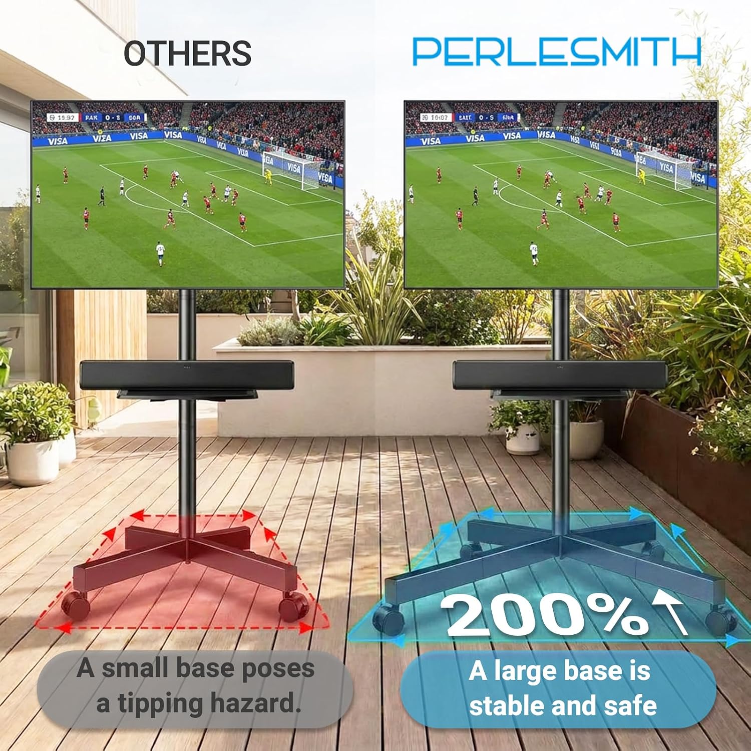 PERLESMITH Rolling TV Stand for 26-65 Inch TVs up to 88 lbs, Mobile Outdoor TV Stand with Shelf & Large Base, Tilt TV Stand with Wheels, Portable TV Cart for Bedroom, Max VESA 400x400mm, PSTVMC06B-B