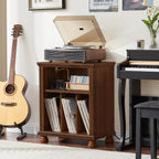 Joaxswe Record Player Stand with Charging Station Up to 200 Albums, 24" Wide Mid-Century Record Player Table with Vinyl Record Storage,Large Wood Turntable Stand Dispaly Cabinet for Living Room,Brown