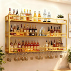 Wall Mounted Wine Rack, Floating Industrial Liquor Glass Holder 3 Tiers, Large Metal Wine Bottle Display Rack Hanging Shelf, for Home Bar Dining Room Decorative (Gold, 47.24x35.43x9.84in)