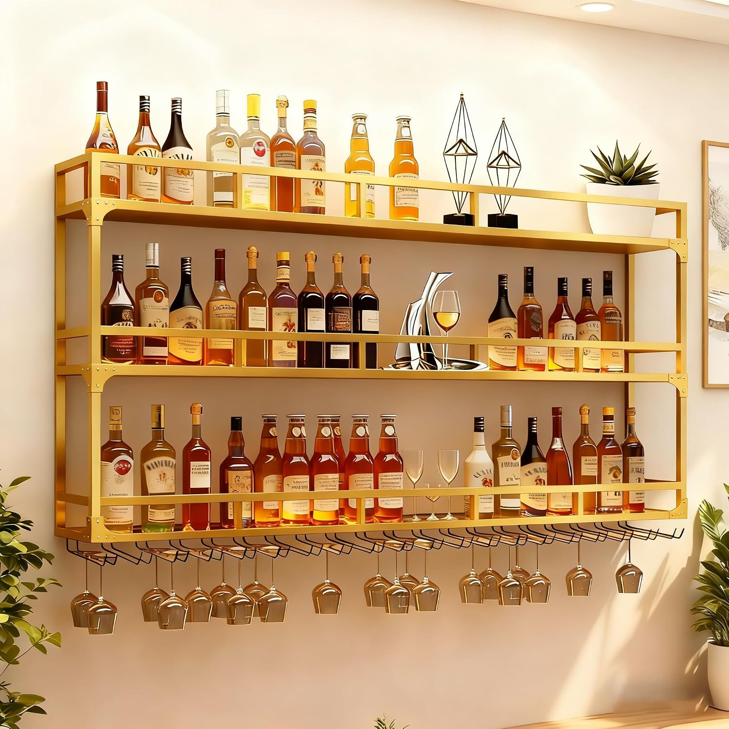 Wall Mounted Wine Rack, Floating Industrial Liquor Glass Holder 3 Tiers, Large Metal Wine Bottle Display Rack Hanging Shelf, for Home Bar Dining Room Decorative (Gold, 47.24x35.43x9.84in)