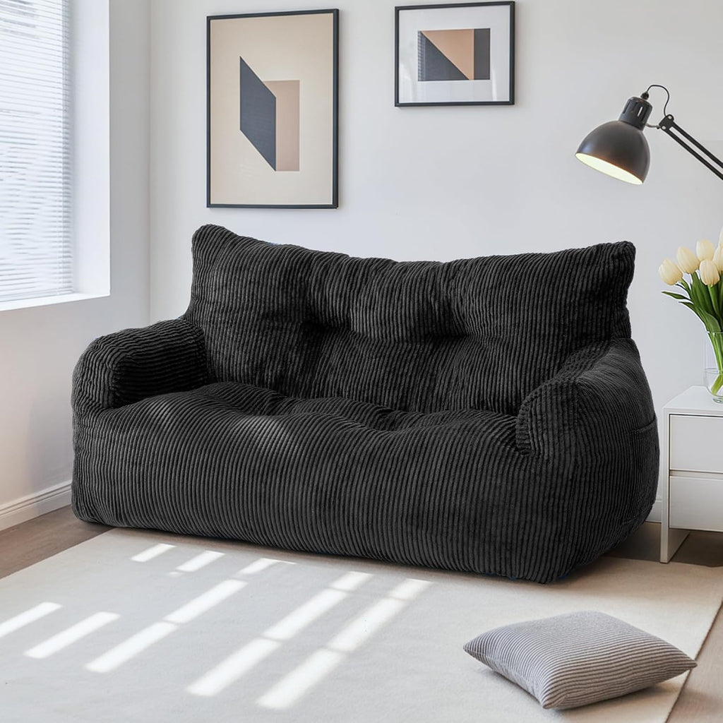 59" Bean Bag Chair,2 Seat Loveseat Sofa,Corduroy Lazy Sofa Bed for Adults,Fit Living Room, Bedroom,Outdoor Spaces,Ultra Soft Dutch Velvet,Fluffy Comfort Washable Cover,72h Rebound,Black