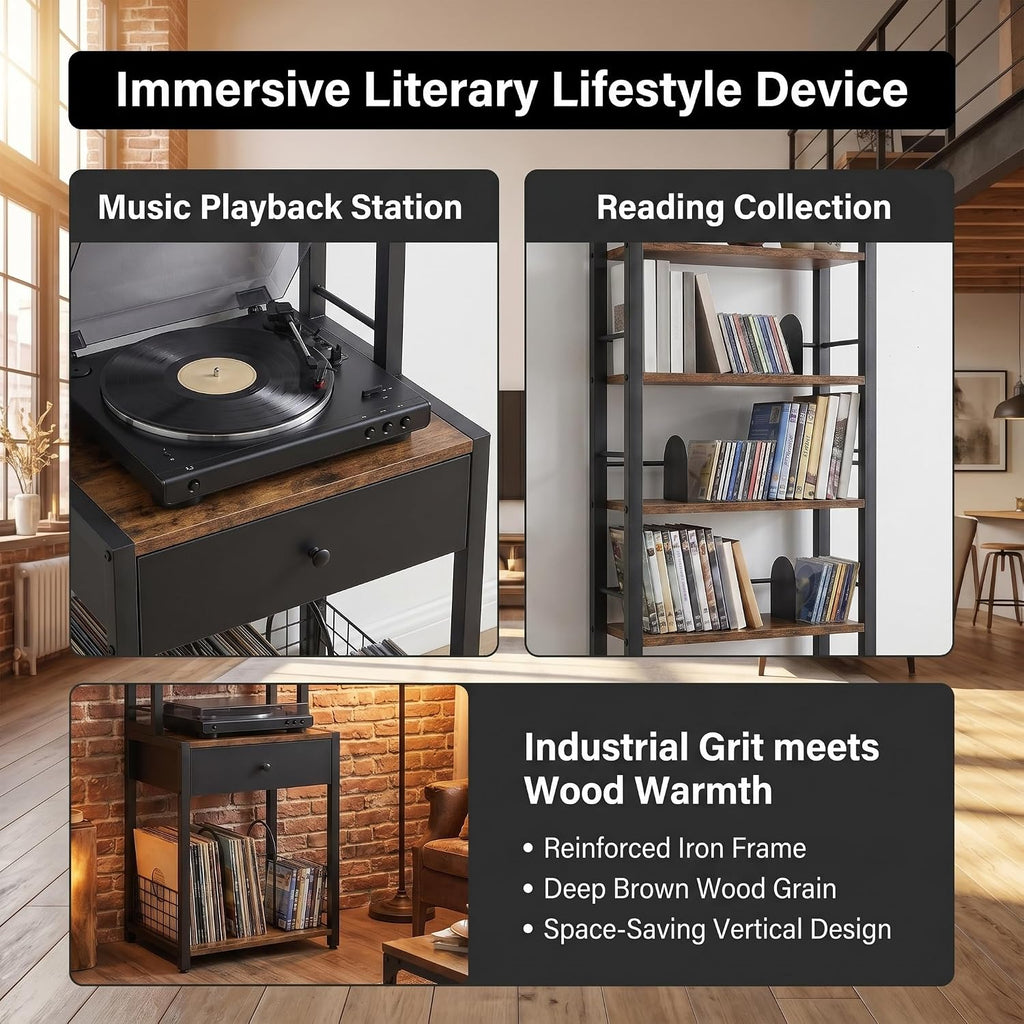 CD Storage Rack, 6-Tier DVD Organizer Shelf with Drawer & Adjustable Book Stoppers, Vinyl Record Holder &Multi-Purpose Media Organizer, Ideal for Living Room/Home Office,15.7x11.8x64.3Inch