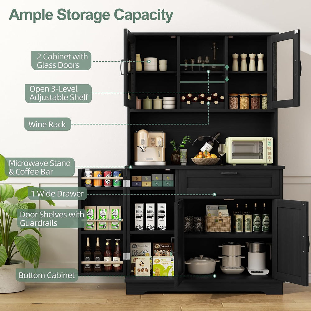 Shintenchi 68" Kitchen Pantry Storage Cabinet, with Microwave Stand, Bla...