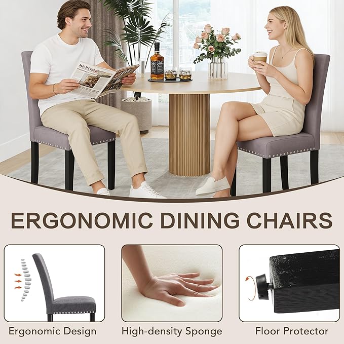 Wooden Dining Chairs Set of 4, Modern Fabric Upholstered Kitchen Side Chairs, Farmhouse High Back Chair with Copper Nail(Gray)