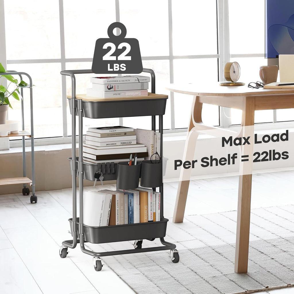 DTK 3 Tier Rolling Cart Uility Cart with Cover Board, Mobile Storage Cart with Wheels, Cups, Hooks for Office Utility Kitchen Bathroom Homeschool Art Craft Postpartum Teacher Cart Organizer(Black)