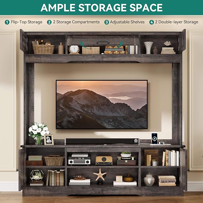 YITAHOME Wall Unit Entertainment Center for 65 Inch TV, 73" Tall TV Console with Power Outlet, Adjustable Shelf & Flip-Up Compartments, Large Media Stand for Living Room, Rustic Oak