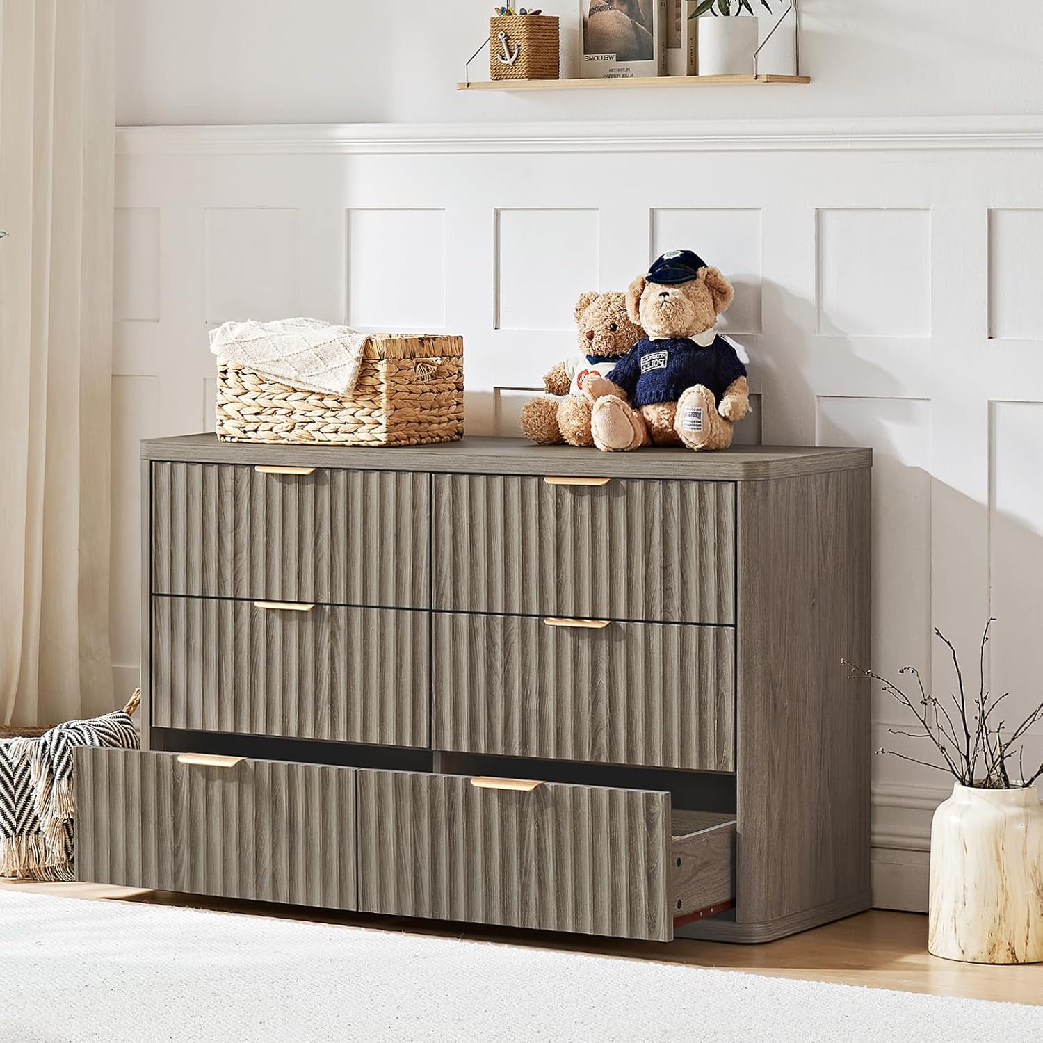 LEYAOYAO Fluted 6 Drawers Dresser, 48" Wide Modern Chest of Drawers with Wood Grain Top, Curved Profile Design, Dresser TV Stand, Wood Drawer Organizer for Bedroom, Living Room, Hallway,Grey