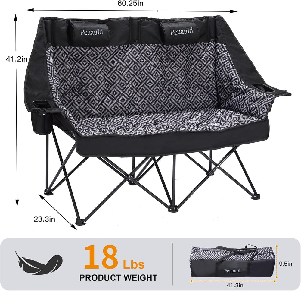 High Back Double Camping Chair Padded Folding Loveseat with Adjustable Pillow...