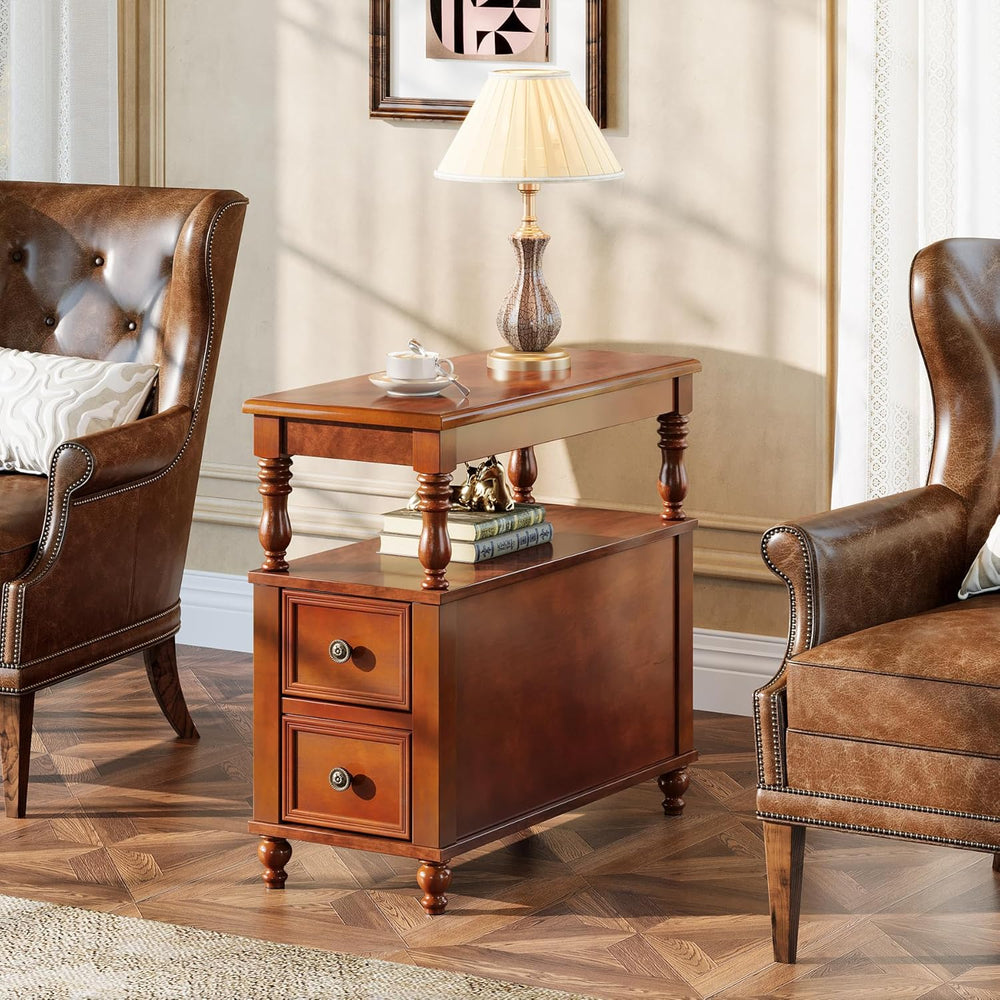 Tribesigns Cherry Finish Wood End Table with 2 Drawers, Mid-Century Wooden Sl...