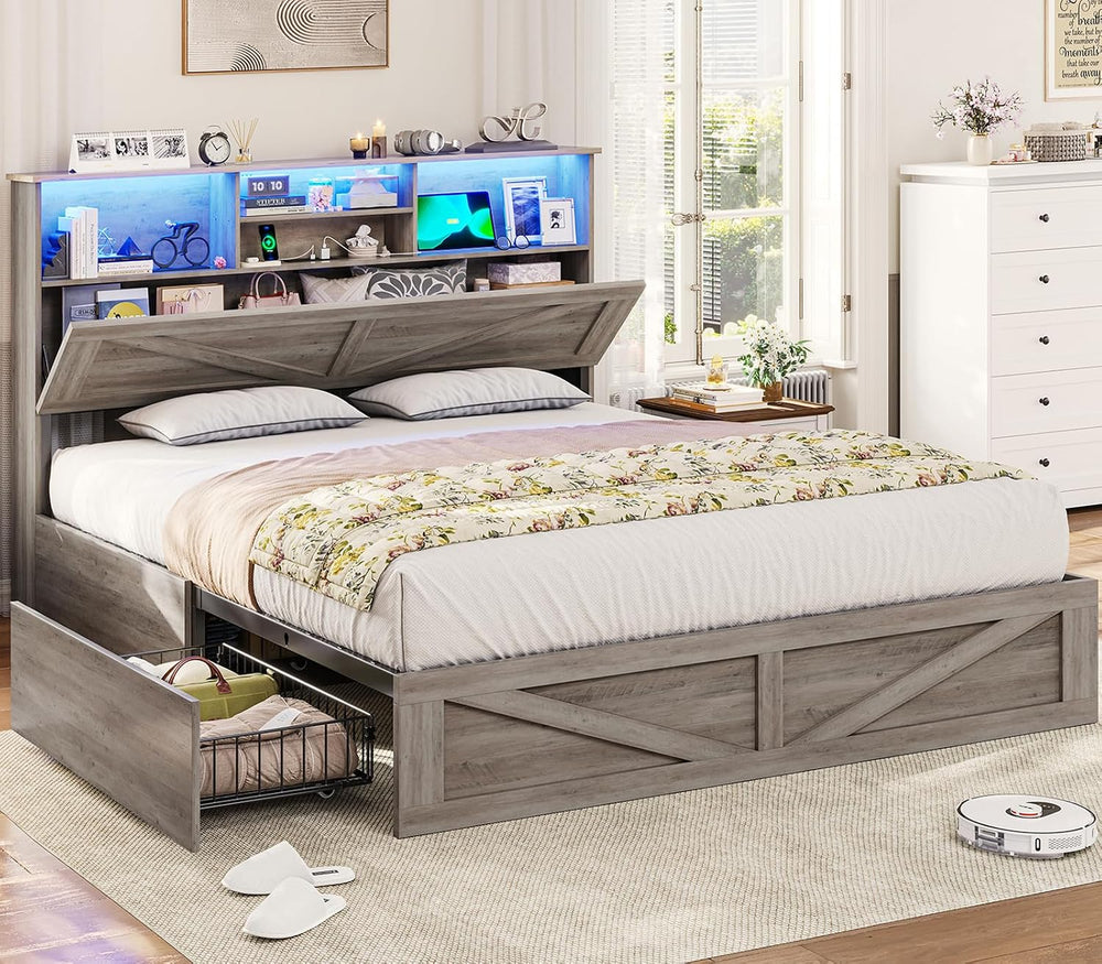 VIAGDO Farmhouse Bed Frame Full Size with Bookcase Storage Headboard, Chargin...