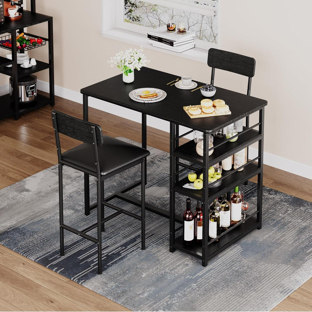 Bar Table and Chair Set with Three Shelves Small 2-Person Dining Table with 2...