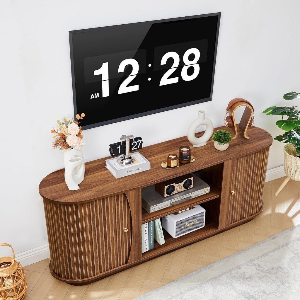 Turtle & Myrtle 63" Mid Century Modern TV Stand for Tvs up to 70", Fluted TV Media Console Table with Storage and Adjustable Shelves, Curved Edge Entertainment Center for Living Room (Brown)