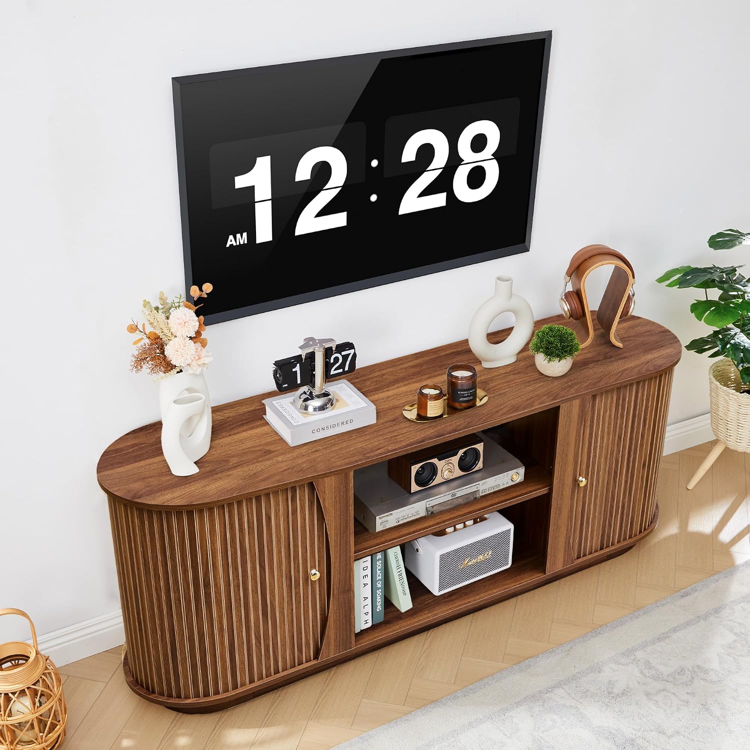 Turtle & Myrtle 63" Mid Century Modern TV Stand for Tvs up to 70", Fluted TV Media Console Table with Storage and Adjustable Shelves, Curved Edge Entertainment Center for Living Room (Brown)