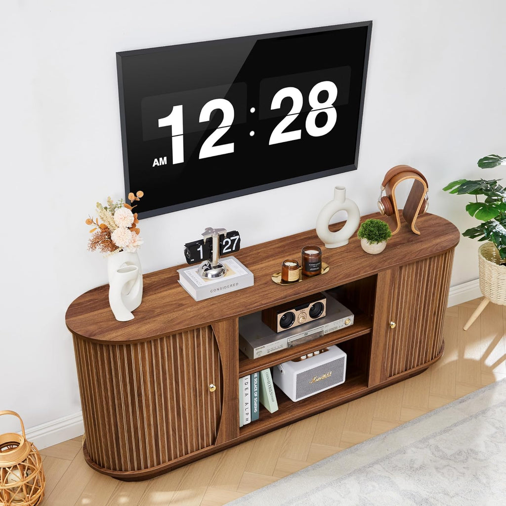 Turtle & Myrtle 63" Mid Century Modern TV Stand for Tvs up to 70", Fluted TV Media Console Table with Storage and Adjustable Shelves, Curved Edge Entertainment Center for Living Room (Brown)