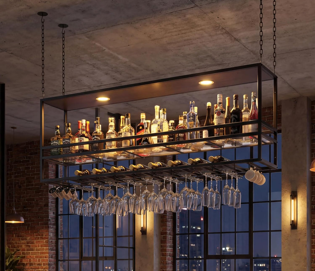 55" Industrial Ceiling Wine Glass Rack with LED, 3-Tier Ceiling Shelf with Wine Glass Holder and Acrylic Shelf, Hanging Wine Rack with Cup Holder for Bar, Home, Cafe