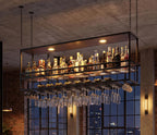 55" Industrial Ceiling Wine Glass Rack with LED, 3-Tier Ceiling Shelf with Wine Glass Holder and Acrylic Shelf, Hanging Wine Rack with Cup Holder for Bar, Home, Cafe