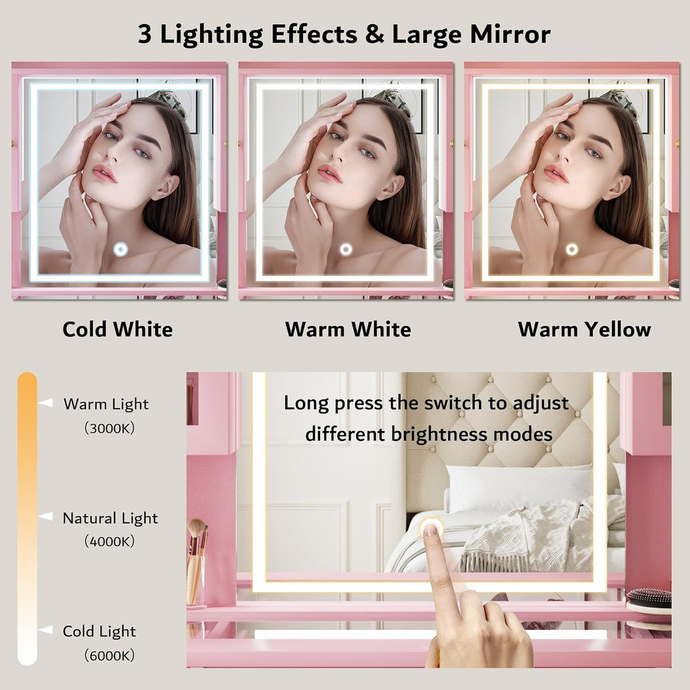 iPormis Vanity Desk with Mirror and Lights, Glass Top Makeup Vanity with RGB ...