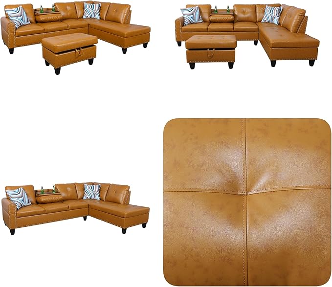 Sectional Couches for Living Room with Movable Chaise & Storage Ottoman - 97.5" Leather L Shaped Couches for Living Room Apartment, Home Modular Sectional Sofas with Cup Holder, Ginger