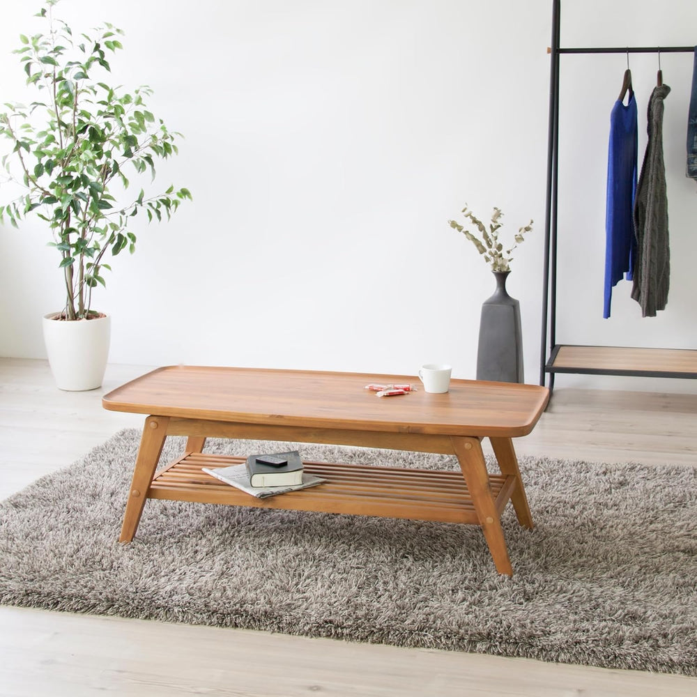 AZUMAYA Tray Edge Natural Acacia Wood Coffee Table NET-615 with Under Rack St...