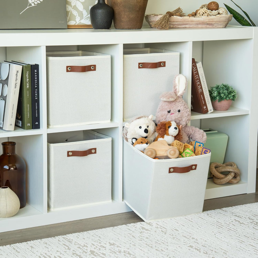 OrganiHaus 11" x 11" x 11" Fabric Cubes Storage Bins Set of 4, Foldable Collapsible Fabric Storage Bins for Organizer, Toy Organizer for Kallax, 11 Inch Linen Cube Shelf Baskets - White