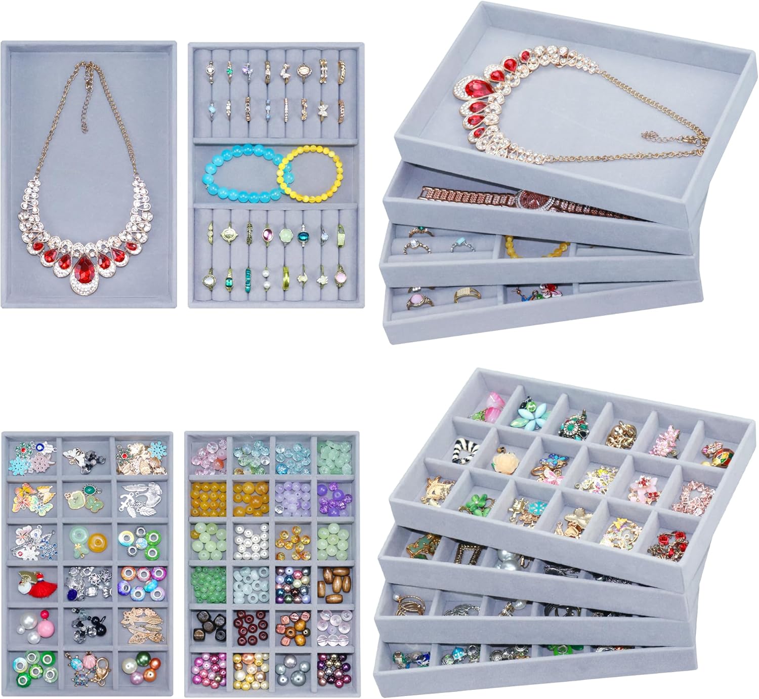 8 Pack Velvet Jewelry Trays X-Large Stackable Jewelry Drawer Organizer 8-Layer Jewellry Tray Set for Earrings, Necklaces, Rings,Bracelets with Removable Divider for Dresser & Vanity