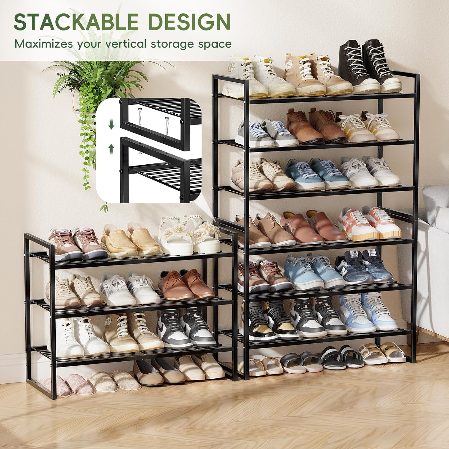 3-Tier Shoe Rack, 27" Wide Stackable Metal Wired Grid Shoe Shelf, Black | Sturdy Metal, Easy Assembly,Square-Tube Design, 9-12 Pairs of Shoes Storage Organizer for Closet, Entryway, Garage & Corridor