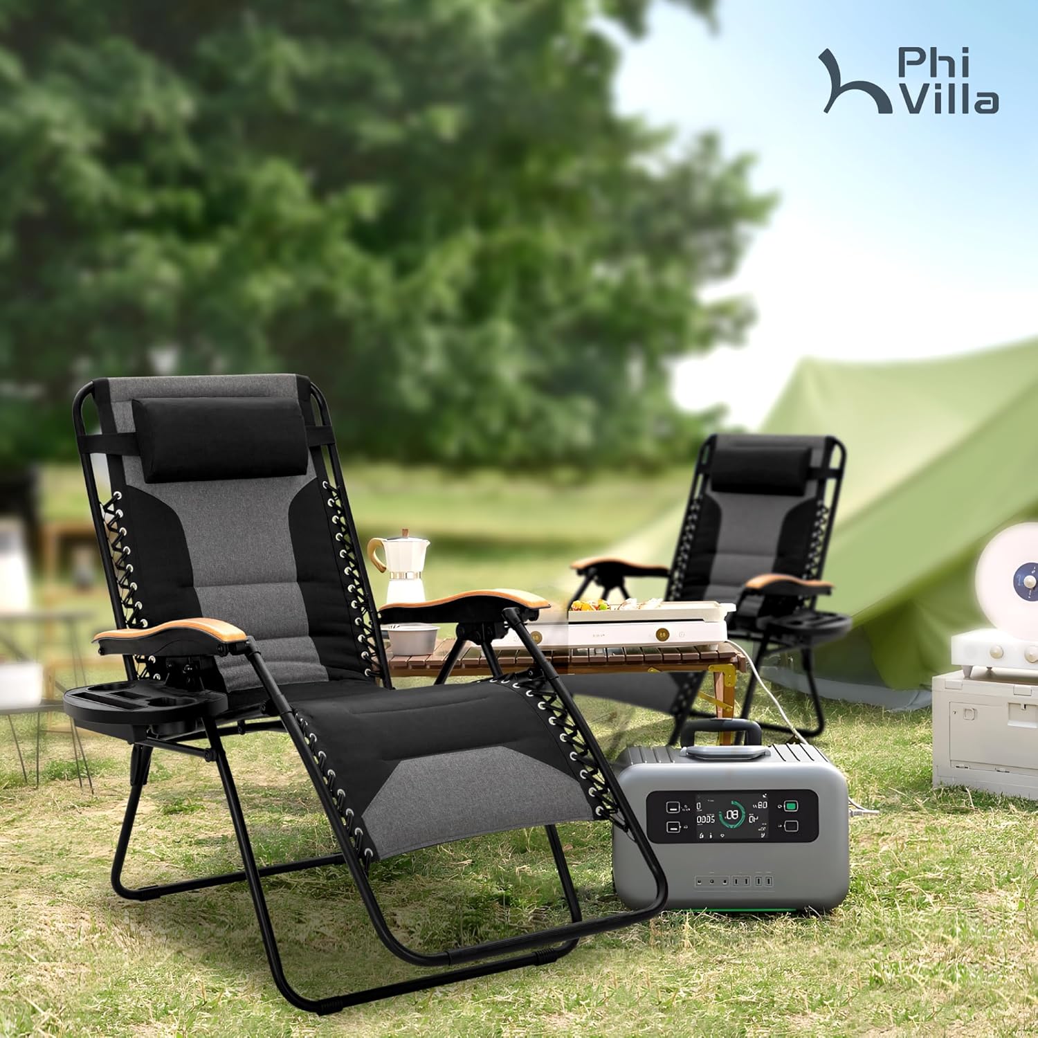 PHI VILLA XXL Oversized Padded Zero Gravity Chair, Foldable Patio Recliner, 30" Wide Seat Anti Gravity Lounger with Cup Holder, Support 400 LBS (Black)