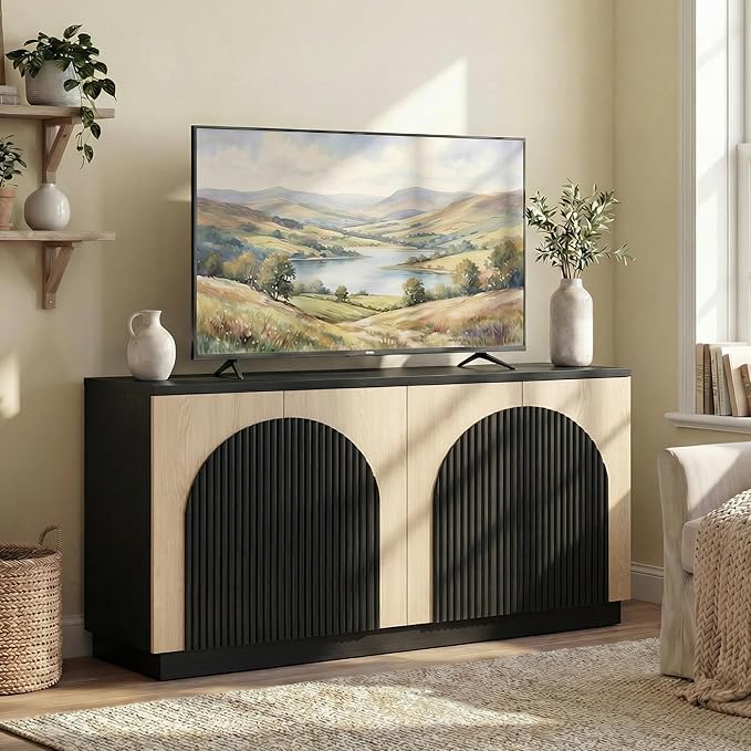 Yechen Fluted TV Stand with Arched Reeded Design Doors, Modern Entertainment Center with Storage for Up to 65 Inch, TV Media Console, TV Cabinet for Living Room, Bedroom/Black/Natural(1 PCS)