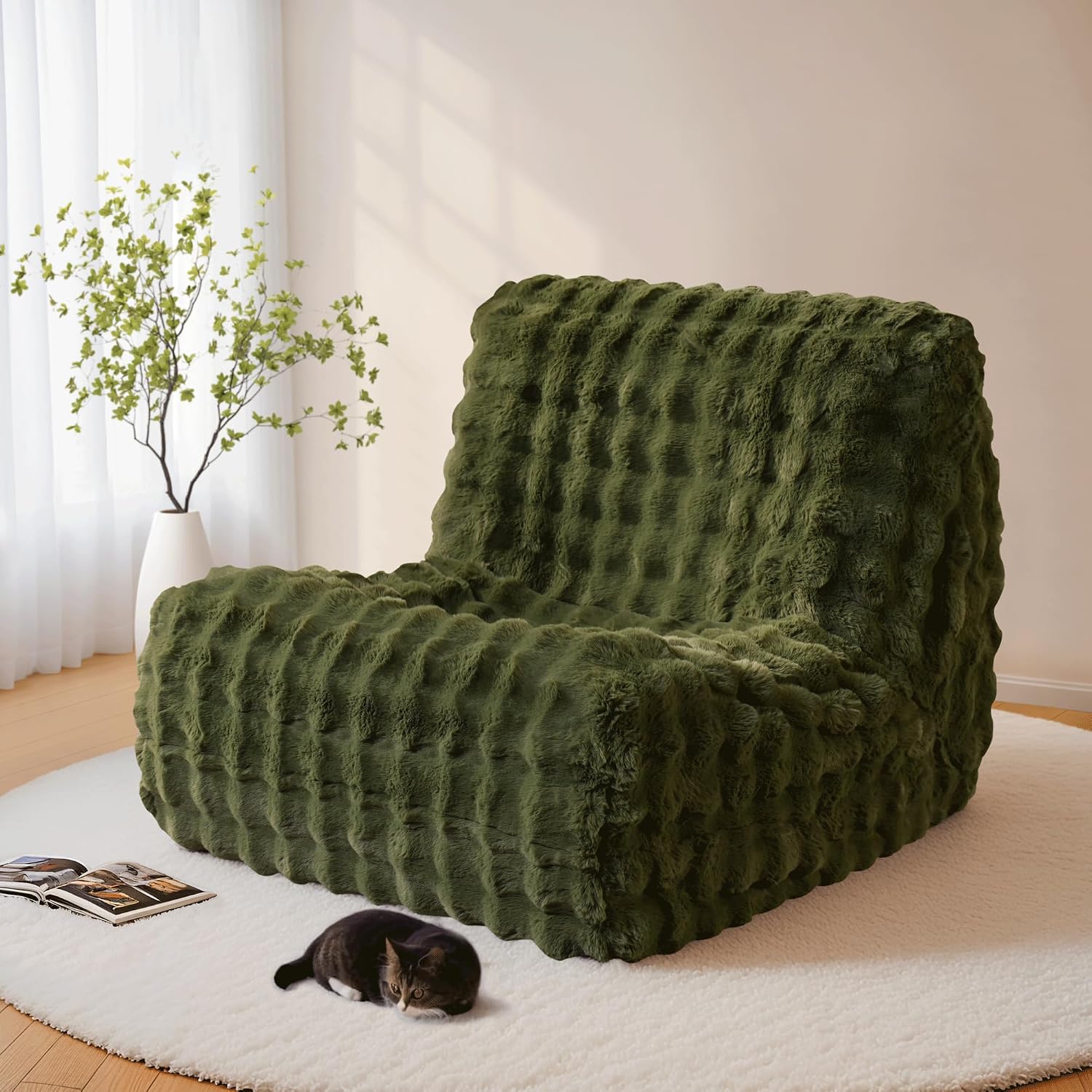 ovios Bean Bag Chair for Adult, Giant Beanbag with Plush Faux Fur, Comfy Large Big Lounger Floor Lazy Chair for Indoor Fireside Living Room Bedroom Dorm, Green