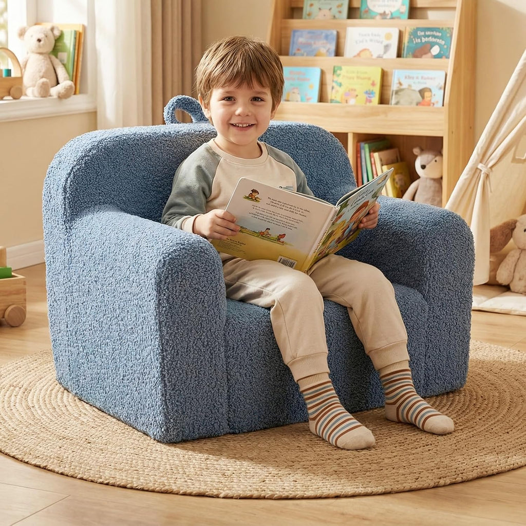 Costzon Kids Couch, Comfy Toddler Sofa Chair with Soft Fleece Fabric Cover, Kids Furniture for Playroom, Children Reading Armchair for Boys & Girls Aged 3+ Birthday (Medial,Blue)