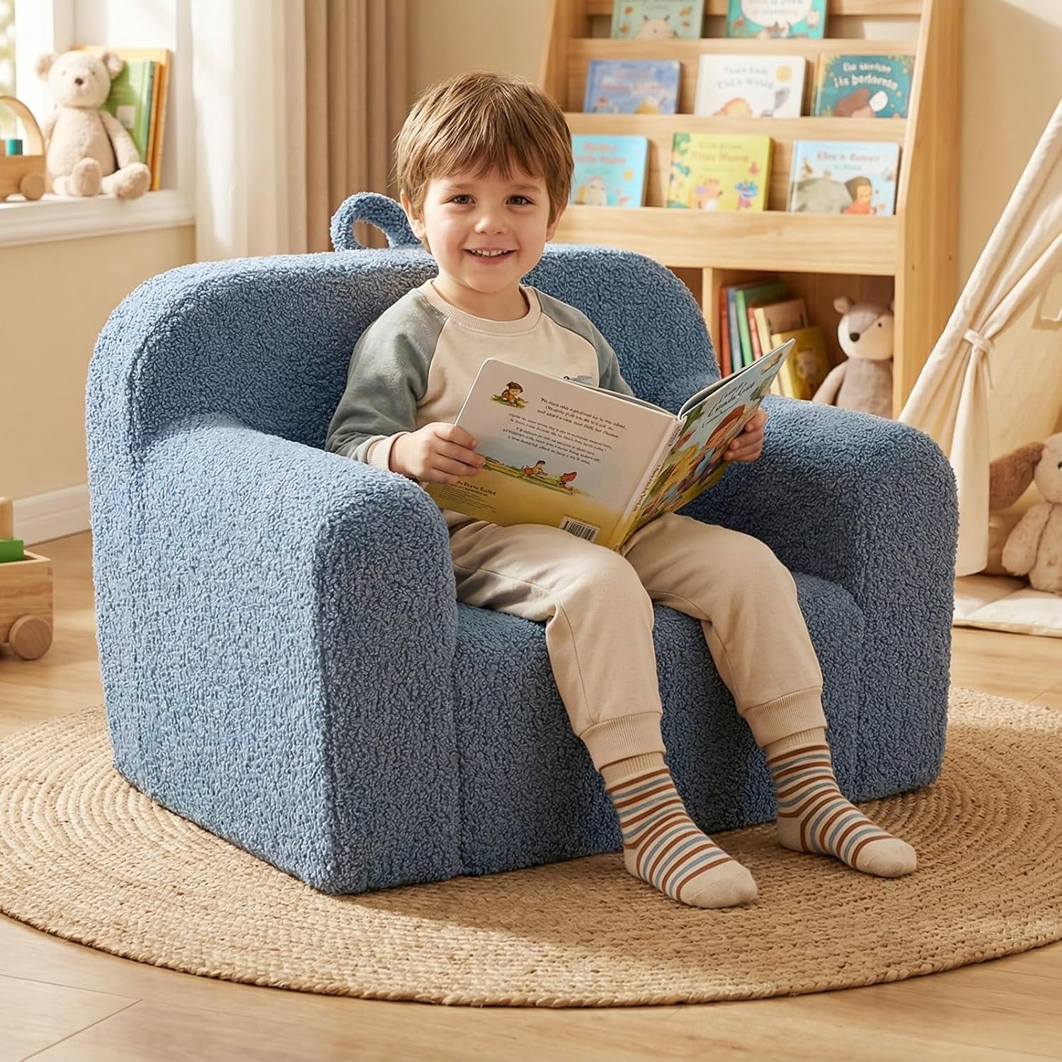 Costzon Kids Couch, Comfy Toddler Sofa Chair with Soft Fleece Fabric Cover, Kids Furniture for Playroom, Children Reading Armchair for Boys & Girls Aged 3+ Birthday (Medial,Blue)