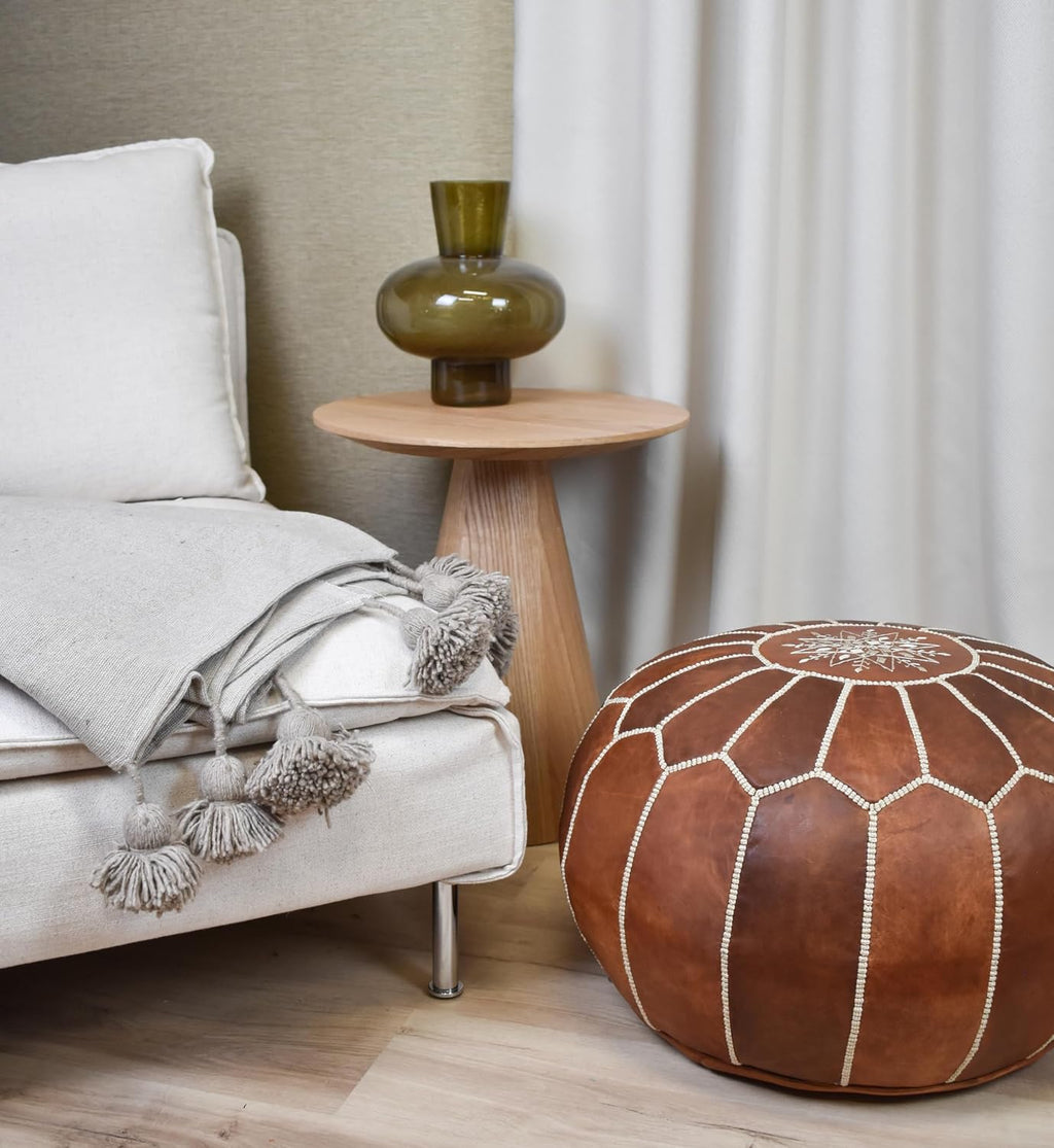 Poufs&Pillows Premium Moroccan Leather Pouf - Handmade - Delivered Stuffed - Ottoman, Footstool, Floor Cushion (Cognac Brown)