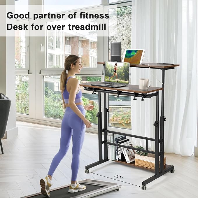 Hadulcet Mobile Standing Desk Adjustable Height, Rolling Desk Stand Up Desk, Mobile Laptop Desk, Rolling Computer Desk with Charging Station, Portable Desk with Wheels, Rustic Brown