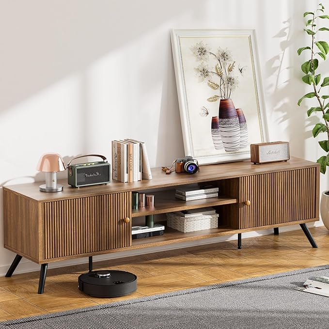 COMHOMA TV Stand for Living Room, Mid Century Modern Entertainment Center for 65/70/75 Inch TVs, Retro Brown TV Console with Fluted Door Cabinets and Open Adjustable Shelve Storage for Bedroom (70In)
