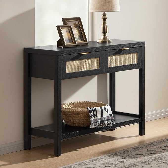 SICOTAS Black Console Table with Rattan Drawers - Boho Rattan Entryway Table ...