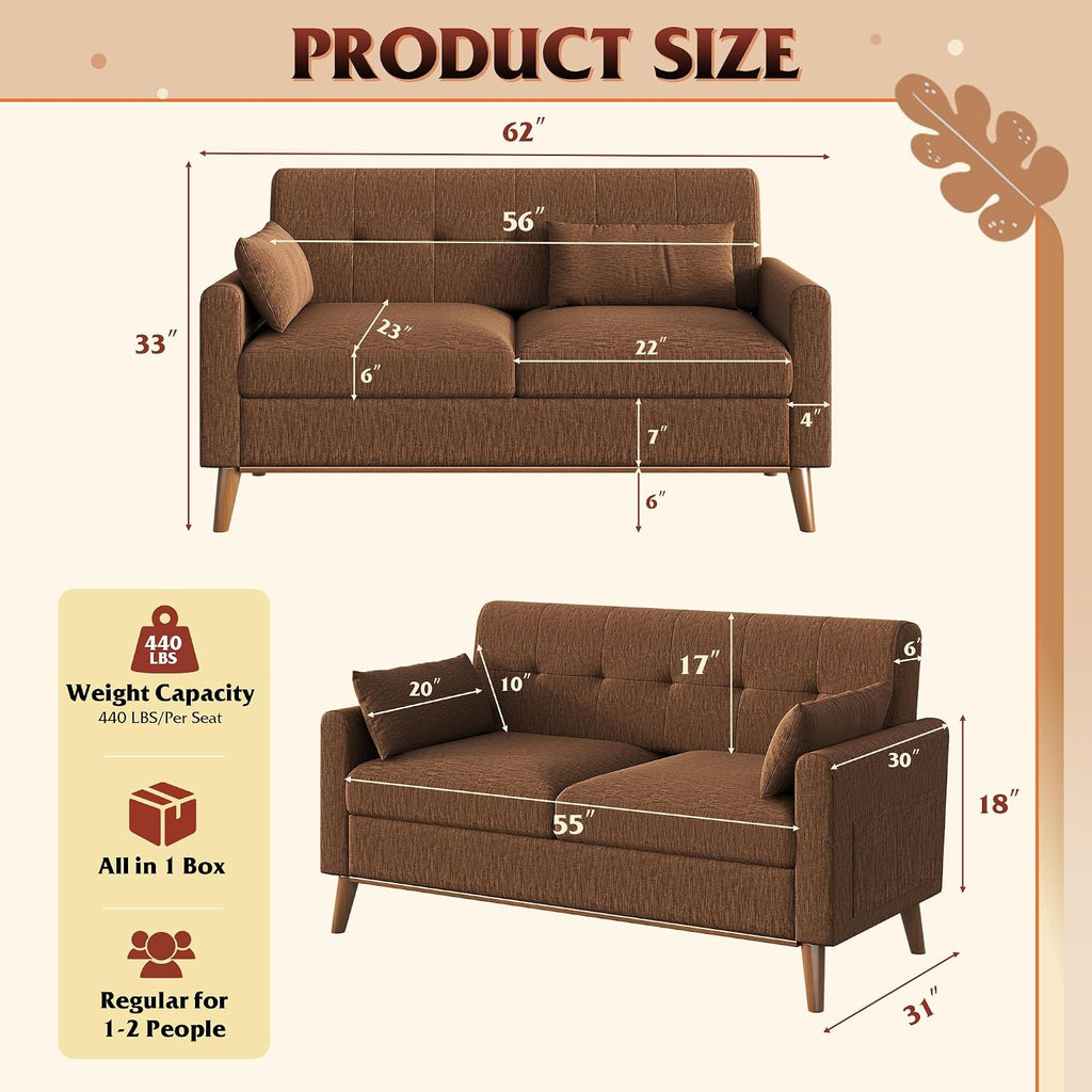 WLIVE 62" Loveseat Sofa, Mid Century Modern Small Couches for Living Room, Button Tufted Upholstered Couch for Bedroom, Solid Wood Frame, Easy to Install Furniture, Brown