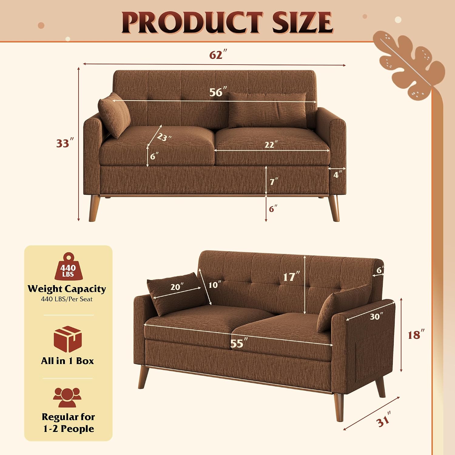 WLIVE 62" Loveseat Sofa, Mid Century Modern Small Couches for Living Room, Button Tufted Upholstered Couch for Bedroom, Solid Wood Frame, Easy to Install Furniture, Brown