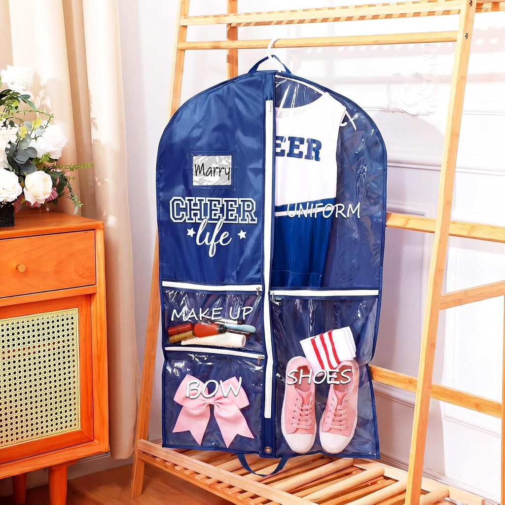 Cheer Garment Bags for Cheerleading Uniform For Cheer Mom Waterproof Hanging Garment Bag for Dance Costumes 40 Inch Clothes Bag with 5 Pocket Travel Side Zip Storage Uniform(Nave Blue,White)