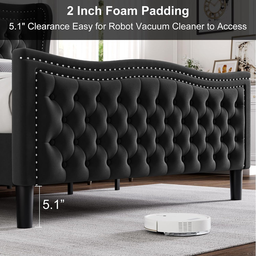 Queen Bed Frame with Tall Headboard & Footboard, Velvet Upholstered Platf...