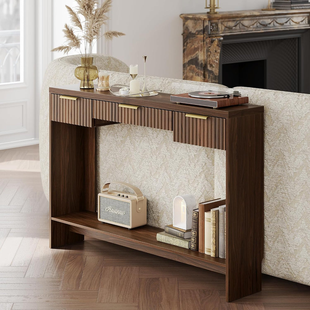 Entryway Console Sofa Table with 3 Drawers, Black Walnut | Fluted Entryway Ta...