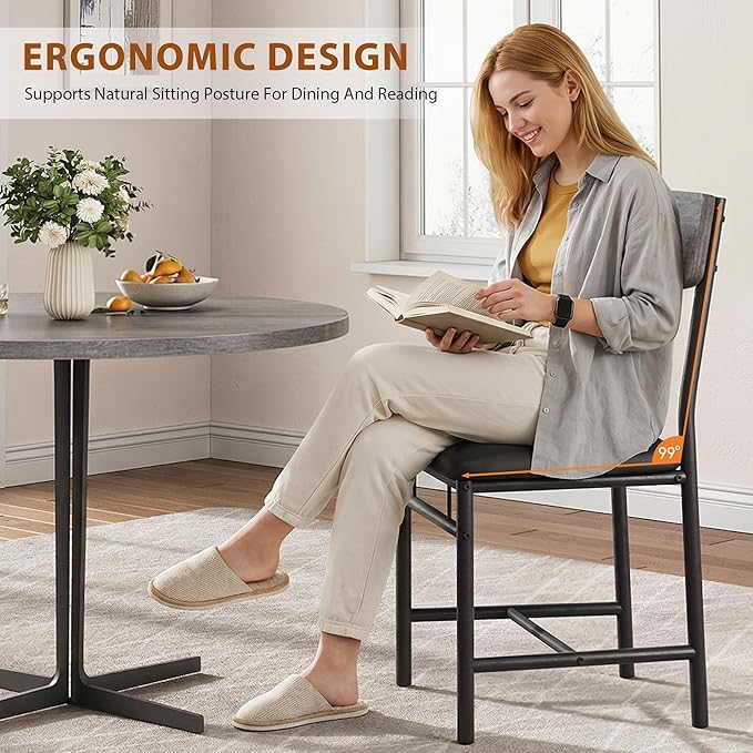 Industrial Dining Chairs Set of 6 - Upholstered Dining Room Chairs with PU Leather, Kitchen Chairs with Wooden Backrest and Thickened Metal Legs, for Dining Room, Living Room（Gray）