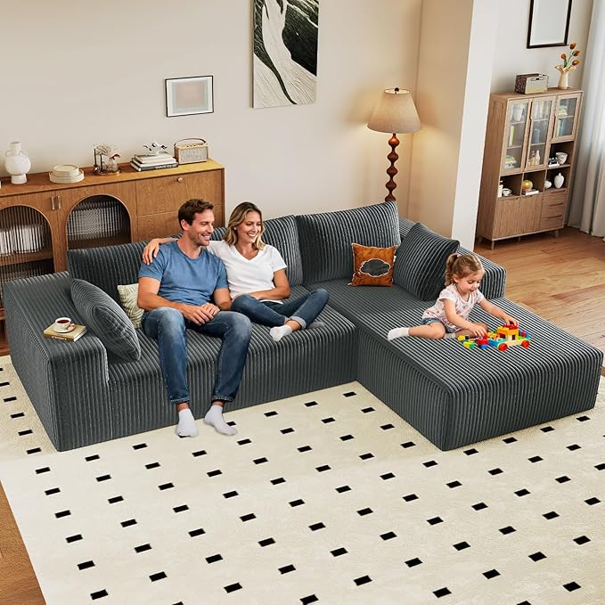 96" Modular Sectional Couch, L Shaped Cloud Sofa with Chaise Lounge, Corduroy Upholstered Couches Memory Foam Deep Seat, No Assembly Required, Ideal for Living Room(Dark Gray, Right Facing)