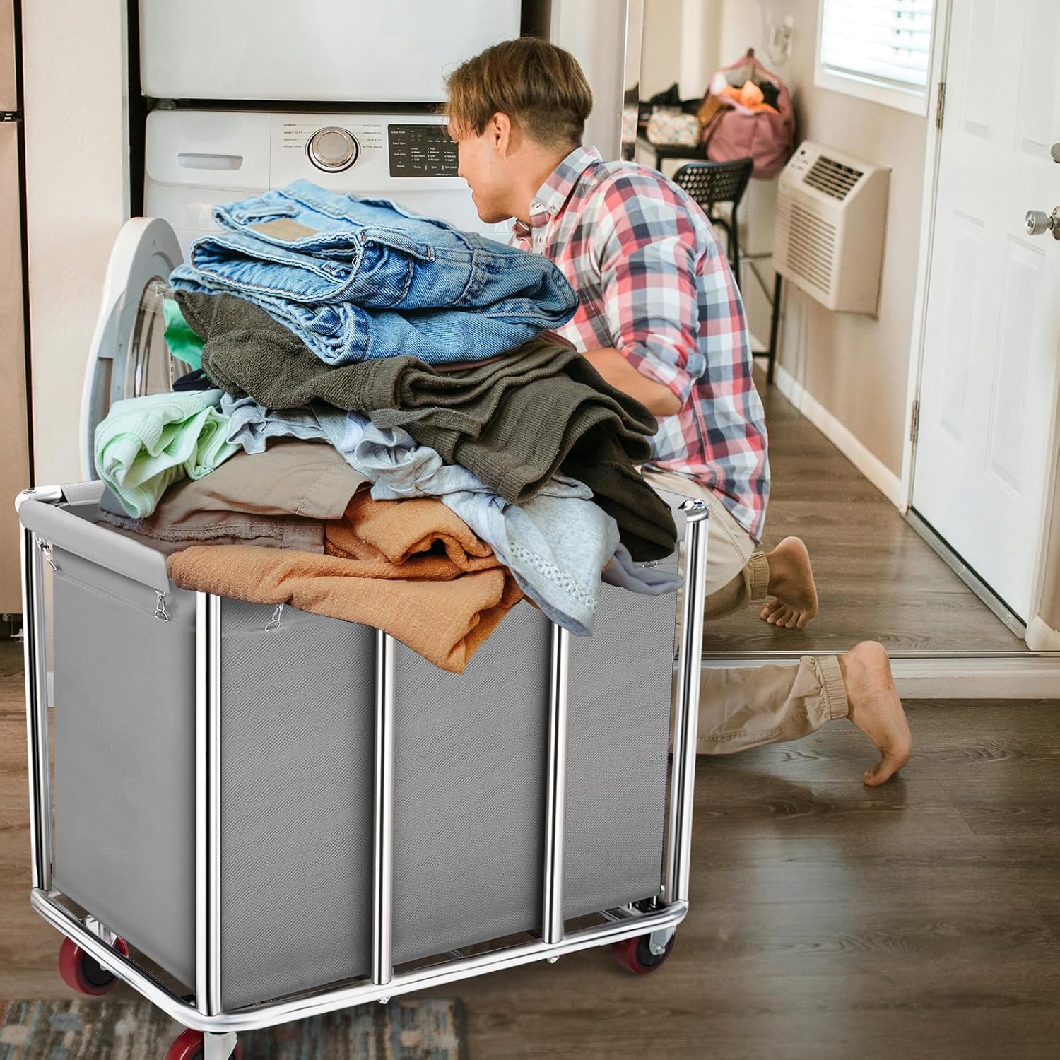 Commercial Laundry Cart on Wheels, 11.35 Bushels Large Roller with Removable Waterproof Canvas Lined Basket, Heavy Duty Stainless Steel for Hotels and Hospitals