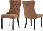 Linen Upholstered Dining Chairs Set of 2, Modern Style Kitchen Side Chairs with Nailhead Trim and Wood Leg, Metal Pulling Ring for Dining Room Living Room(Coffee,Set of 2)